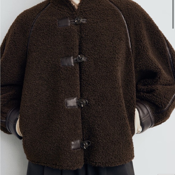 Mango Dark Brown Reversible Teddy/Leather Jacket for Women Medium - Picture 4 of 7